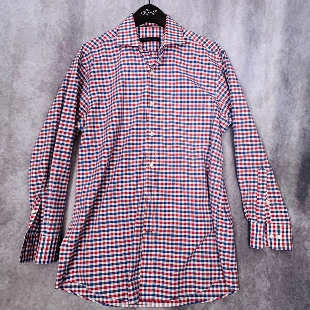 Tommy Hilfiger Mens Red White Blue Gingham Check Dress Shirt 15.5 32/33 Cotton‎